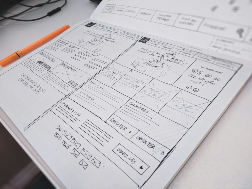 Leistungen von Konzept bis Design: handgezeichneter Website-Entwurf als Wireframe auf Papier