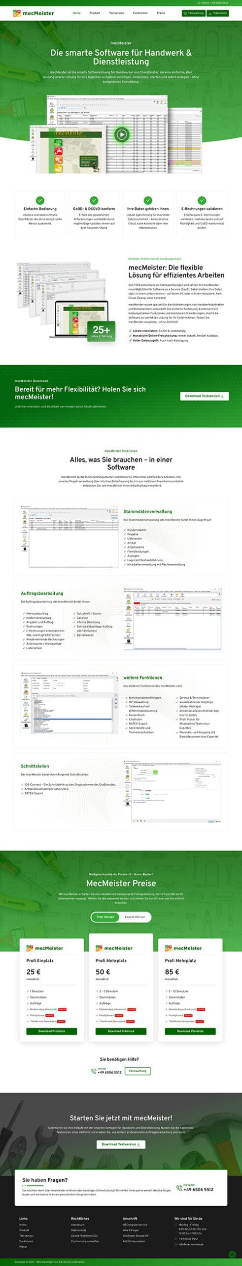 Website von MECMeister Software: Software für Handwerk und Dienstleistung